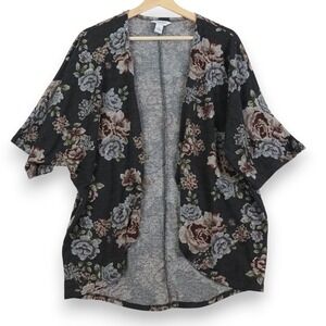 Womens Dark Floral Kimono M/L Open Front Boho Cardigan Drape Cottagecore  Cozy